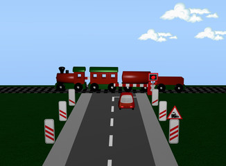 Bahnübergang mit Zug, Andreaskreuz und Verkehrsschild und Baken