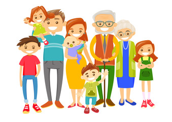 Happy caucasian white smiling family with old grandparents, young parents and little children. Big caucasian family portrait together with cheerful smile. Vector illustration isolated on white