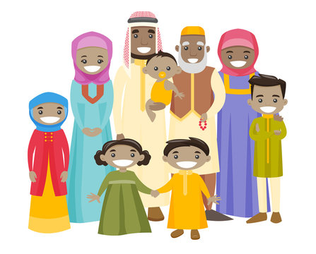 Happy extended muslim smiling family with old grandparents, young parents and little children. Big muslim family portrait together with cheerful smile. Vector illustration isolated on white background