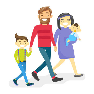 Cheerful multiethnic family walking and having fun together. Young smiling Asian mother and Caucasian white father with happy biracial kids strolling and laughing. Vector isolated cartoon illustration