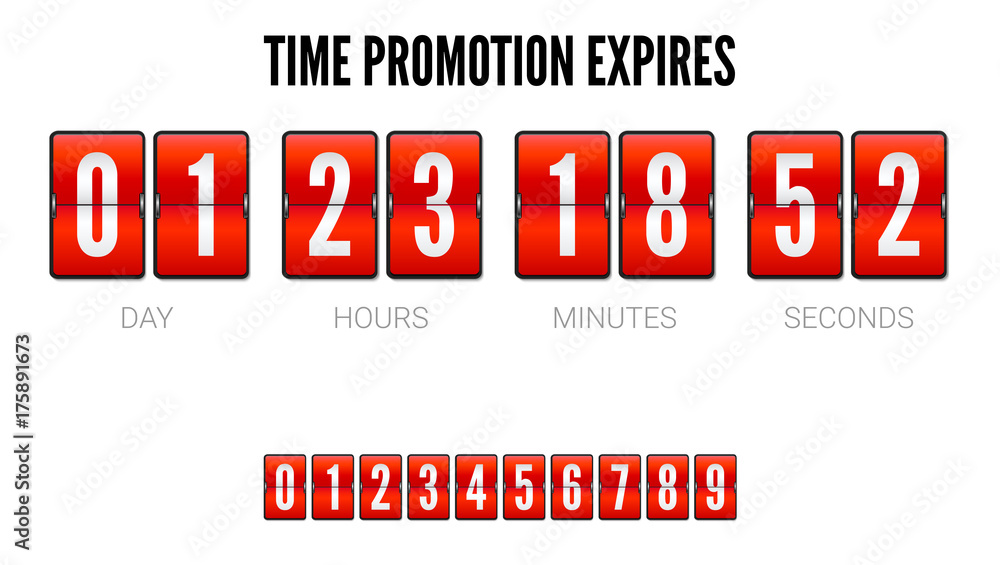 Aufkleber promotions expires, analog flip clock timer. template of flip countdown timer clock counter. red mec