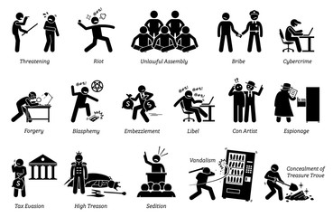 Crime and Criminal. Pictogram depicts various criminal activities that includes violent, unlawful assembly, riot, scam, sedition, libel, sedition, and vandalism. 