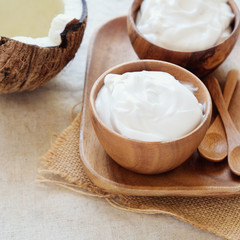 organic coconut yogurt in wooden bowl, dairy free yogurt, probiotic food