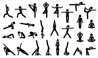 Fototapeta na wymiar Woman Yoga Postures. Stick figure pictogram depicts various yoga positions, stance, poses, and workout.