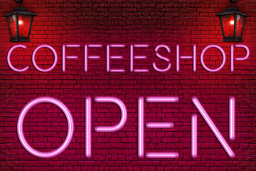 Fototapety  COFFEESHOP OPEN - Neon Letters sign on the brick wall and vintage red street lamps (lanterns) lighting 