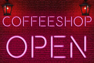 Fotobehang COFFEESHOP OPEN - Neon Letters sign on the brick wall and vintage red street lamps (lanterns) lighting  © Alexey Protasov