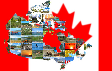 Canada Map maid of Canadian Landscapes photo against the Canada State National Flag background.National Parks and Landscapes. Concept Travel and Tourism