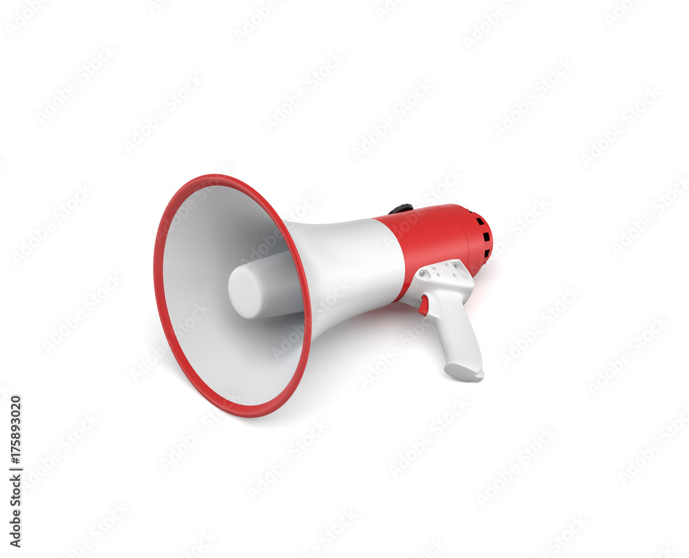 Poster 3d rendering of a single red and white megaphone lying in side view on white surface.