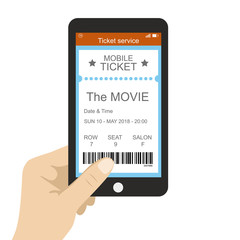 Ticket service,hand holding smart phone with movie ticket application,