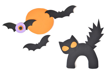 Halloween black cat and bat on white background - isolated
