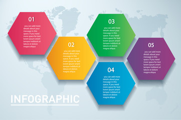 colorful hexagon infographic vector template with 5 options. Can be used for web, diagram, graph, presentation, chart, report, step by step infographics. Abstract background.