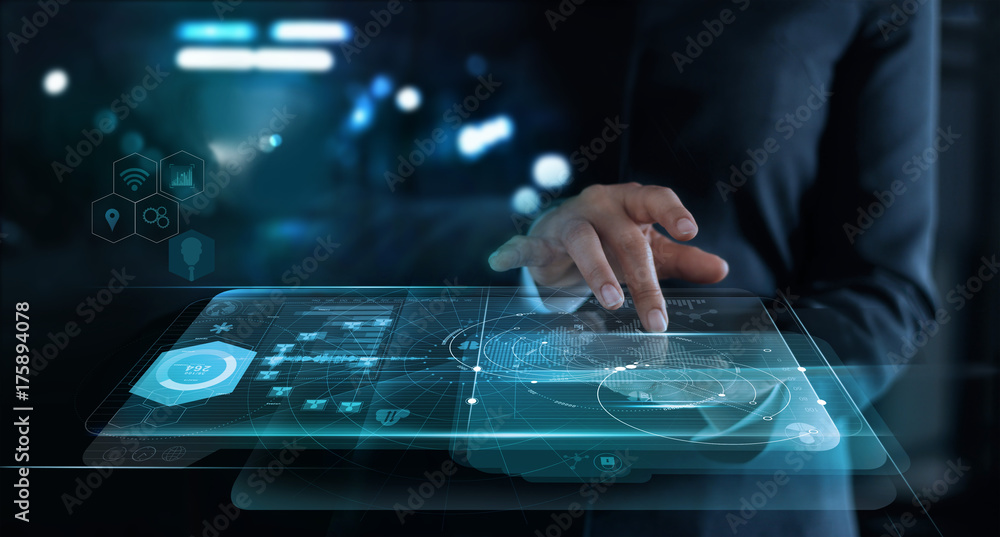 Poster Business woman touching interface and start up  global network connection on virtual screen ,innovation and communications concept
