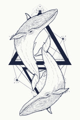 Two whales tattoo geometric style. Mystical symbol of adventure, dreams. Creative geometric Two whales tattoo art t-shirt print design poster textile. Outdoors symbol whale marine tattoo © intueri