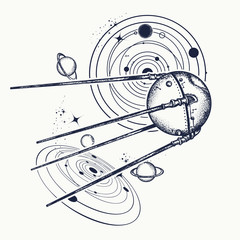 Sputnik tattoo. Space ship tattoo and t-shirt design. Universe research. Symbol of space expedition, science, future, research of solar system
