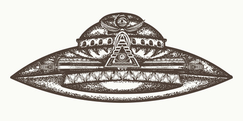 UFO ship vector. Ufo alien spaceship hand drawn graphic © intueri
