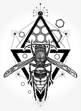 Bee tattoo and t shirt design. Symbol of freedom, flight. Wasp tattoo. Queen Bee hand drawn vector