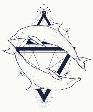 Two dolphins tattoo, love symbols, love tattoo, two dolphins geometric art style, tribal totem animals, t-shirt design. Adventure, travel, outdoors tattoo. Dolphins in triangles marine tattoo
