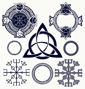 Celtic elements tattoo and t-shirt design. Helm of Awe, aegishjalmur, celtic trinity knot, tattoo. Celtic set vector