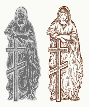 Virgin Mary vector. Statue of Virgin Mary with a cross. Statues of Holy Women hand drawn graphic. Gravestone, monument