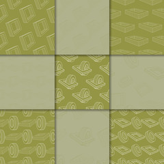 Olive green geometric ornaments. Collection of seamless patterns