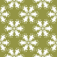 White flower on olive green background. Seamless pattern