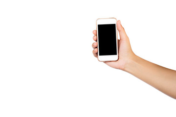 A hand holding touch screen tablet or smartphone screen isolated on white background. Clipping path.