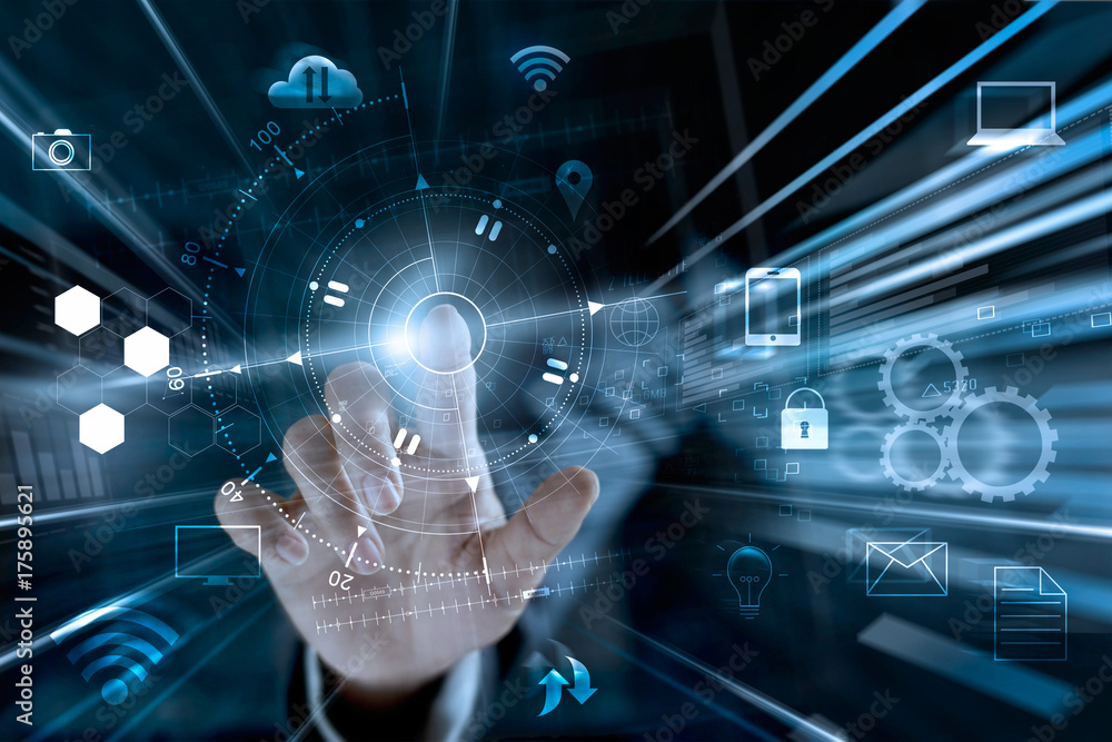 Poster businessman touching global networking data exchanges and payments online shopping with icon custome