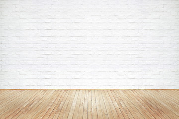 Vintage old brown wooden floor texture with white brick wall dust grime for background