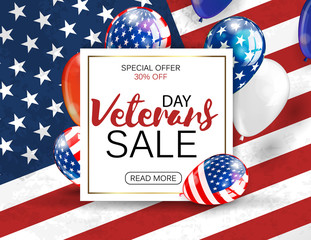 Veterans Day Sale banner template. Patriotic background with golden stars and flag. Vector illustration