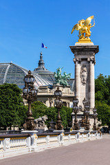 Fototapeta na wymiar Pont Alexandre III Bridge (details) and Grand Palais. Paris, France
