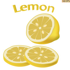 Lemon isolated on white background. Yellow fruit lemon close-up. Sliced lemon. Food product design. Vector illustration for a recipe, restaurant menu, kitchen interior design.