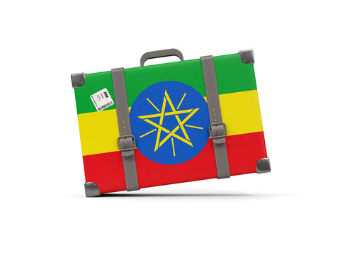 Luggage with flag of ethiopia. Suitcase isolated on white