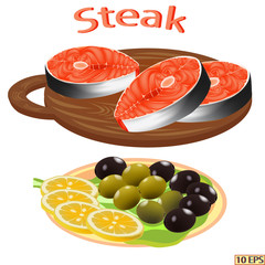 Salmon. Fish. Steak salted salmon on a board. Fillet, steak fish in realistic style. Sea food product design. Vector illustration isolated on white background.