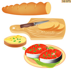 Salmon. Fish. Steak salted salmon on a plate. Fillet, steak fish in realistic style. Sea food product design. Vector illustration isolated on white background.