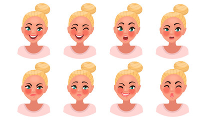 Set of woman's emotions. Facial expression. Girl Avatar. Vector illustration