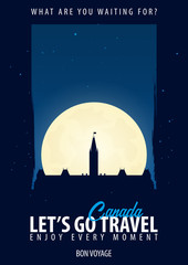 Naklejka premium Canada. Time to Travel. Journey, trip, vacation. Moon background. Bon Voyage.