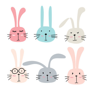 Hand Drawn Bunny Cute Characters Set.