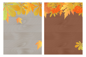 Set of autumn banners with maple, oak, rowan and clusters of mountain ash on a wooden background. Template for a voucher, discount, seasonal sale