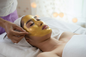 Obraz na płótnie Canvas Beautiful woman getting facial mask at beauty salon.