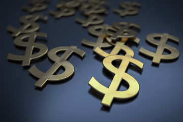 Many golden dollar signs on black background. 3D rendered illustion.
