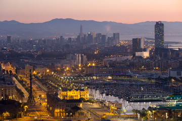 Panoramic view of Port Vell and La Barceloneta district. Barcelona, Spain
