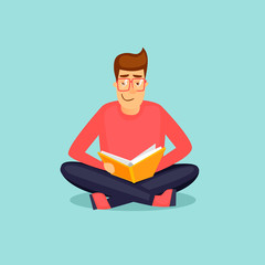 Guy is reading a book. Flat design vector illustration.