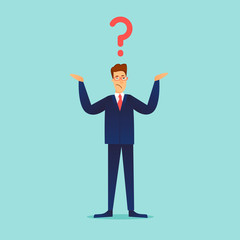 Businessman spreading his hands question. Question mark. Flat design vector illustration.