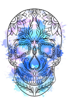 Contour  illustration of a sugar skull with watercolor splashes. The holiday of the Day of the DeadVector element for your creativity