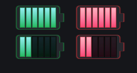 Set of various types of transparent batteries charge. Vector element for mobile phone interface, elements of the site and your design