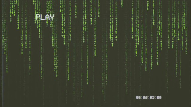 Fake VHS tape: random labyrinth characters falling down (code rain): a popular sci-fi movie effect; a symbol of obscure technology; computer source code, hacking, AI takeover.
