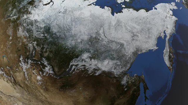 The camera rides on the snow-covered huge Russia on the earth globe, 3d rendering, the elements of this image are furnished by NASA.
