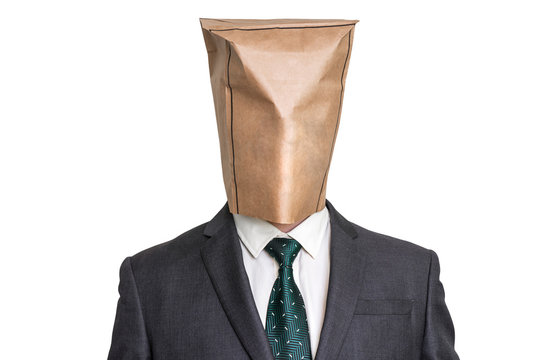 Businessman with a blank paper bag on the head