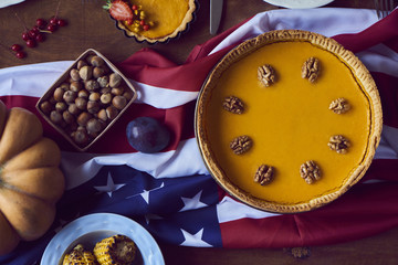 High angle view of table served for thanksgiving dinner with family