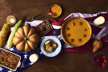 High angle view of table served for thanksgiving dinner with family